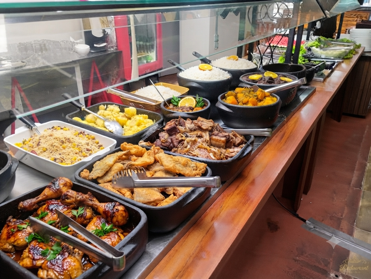 Buffet com galeto e acompanhamentos